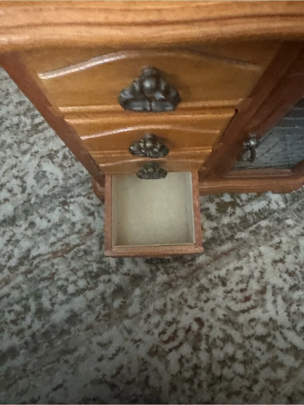 Brown Wooden Jewelry Cabinet with Mirrored Wire-Front Door
